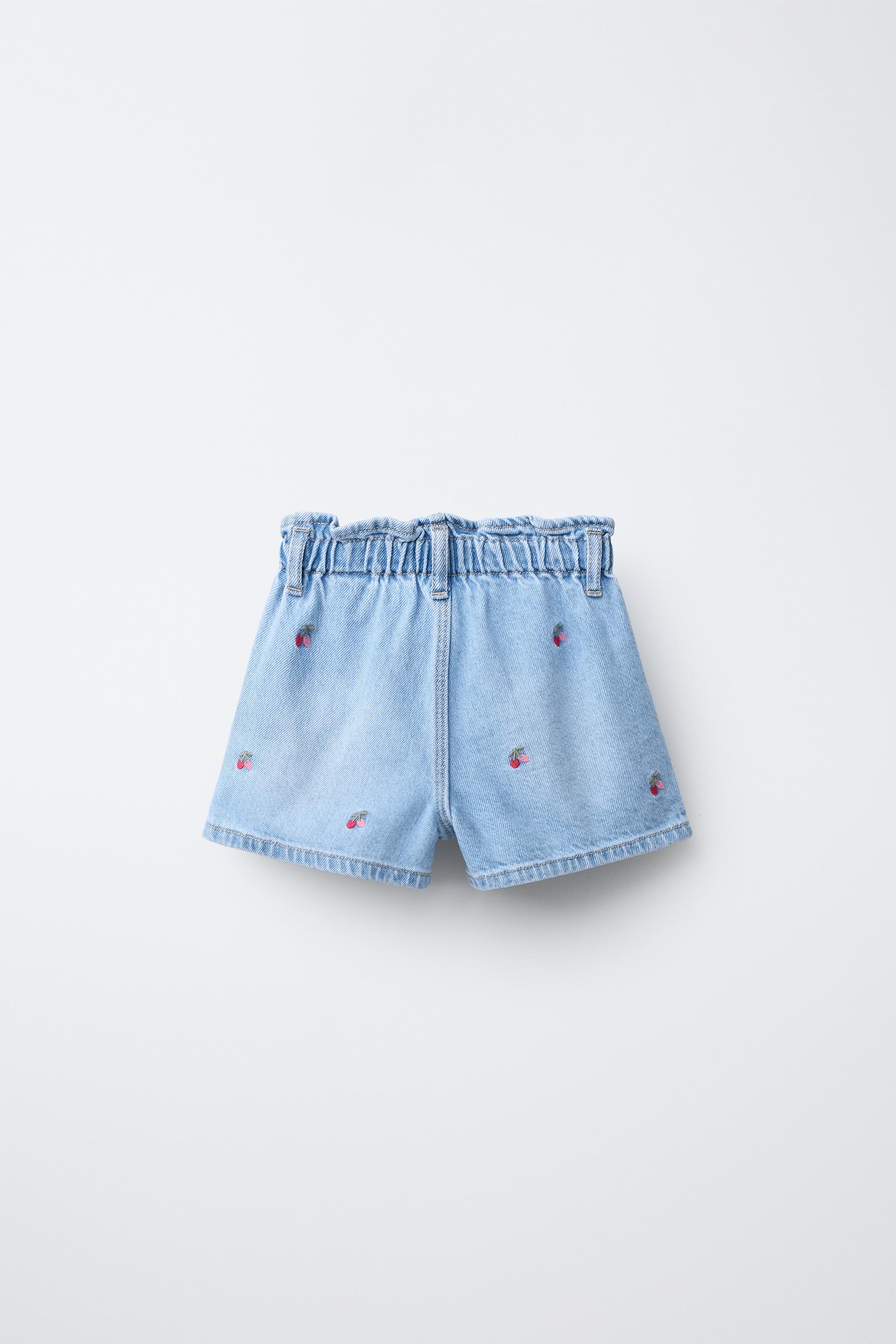 EMBROIDERED CHERRY PAPERBAG DENIM SHORTS